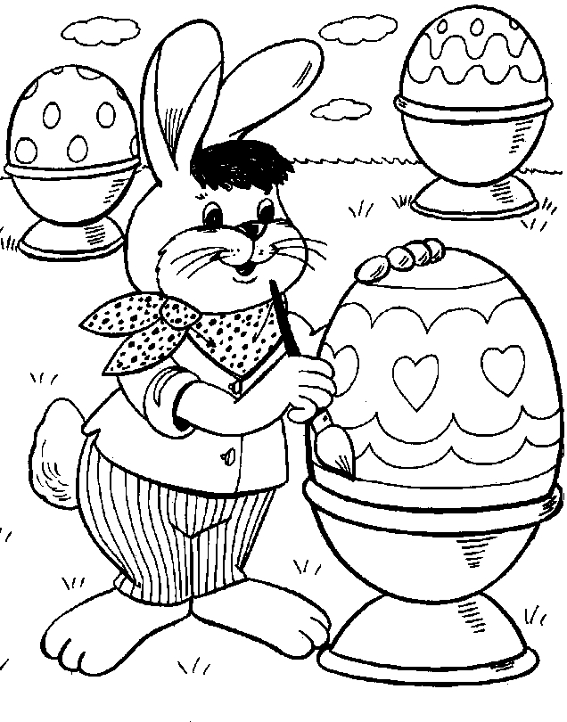 Un coloriage de Pâques avec des œufs et un lapin joyeux dans un décor printanier