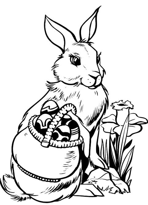 Lapin de Pâques tenant un œuf décoré dans un jardin fleuri