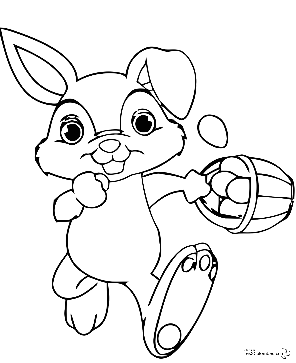 Coloriage de Pâques avec un lapin et des œufs colorés dans un jardin