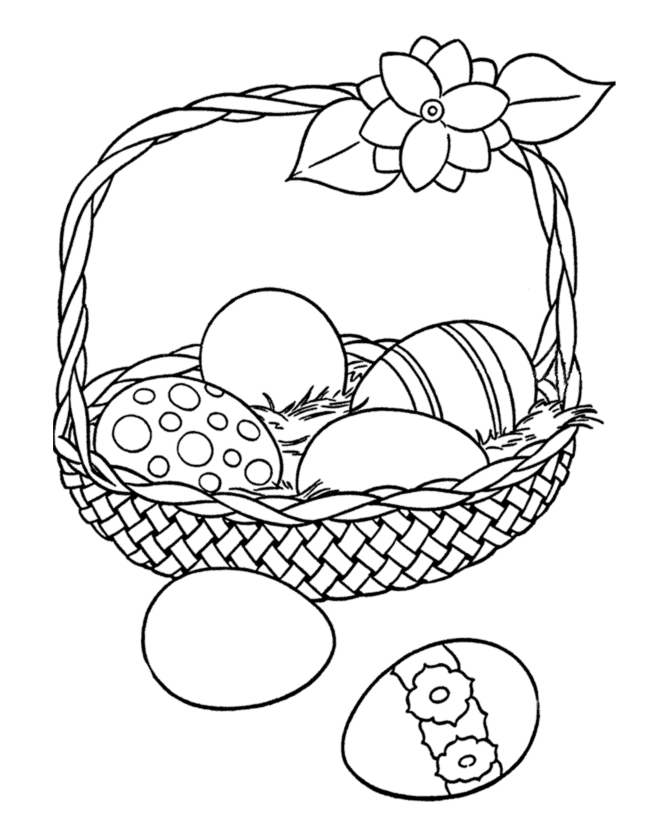 Coloriage de Pâques avec des œufs décorés et un lapin joyeux
