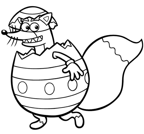 Coloriage de Pâques avec un lapin entouré d'œufs colorés dans un jardin