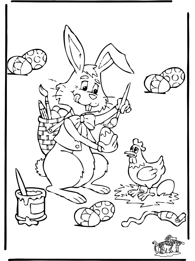 Coloriage de Pâques avec un lapin et des œufs colorés dans un jardin