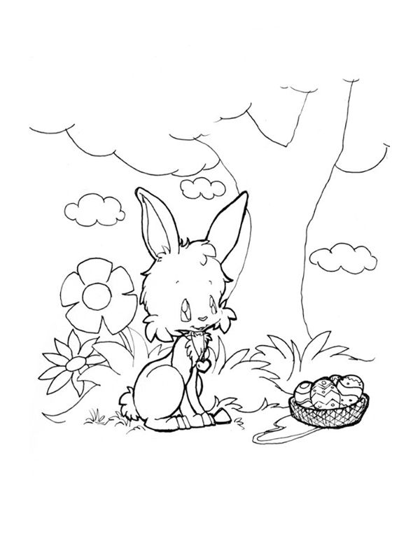 Scène de Pâques avec un lapin et des œufs colorés dans un jardin