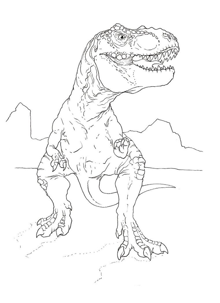 Coloriage d'un dinosaure dans un paysage préhistorique Coloriage d'un dinosaure dans un paysage préhistorique