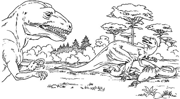 Coloriage d'un dinosaure dans un décor de parc jurassique Coloriage d'un dinosaure dans un décor de parc jurassique