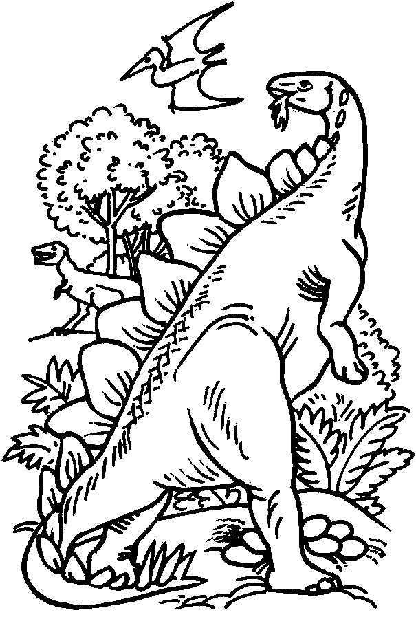Coloriage d'un dinosaure dans un parc jurassique avec des éléments naturels Coloriage d'un dinosaure dans un parc jurassique avec des éléments naturels