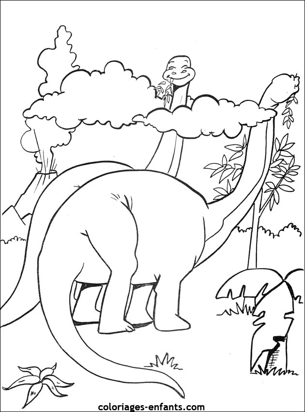 Coloriage d'un dinosaure dans un parc jurassique avec des plantes luxuriantes Coloriage d'un dinosaure dans un parc jurassique avec des plantes luxuriantes