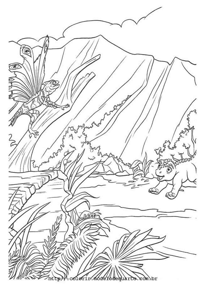 Coloriage d’un dinosaure dans un parc jurassique avec des plantes luxuriantes Coloriage d’un dinosaure dans un parc jurassique avec des plantes luxuriantes