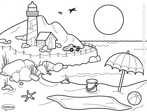 Coloriage d'un paysage avec montagnes, arbres et un ruisseau