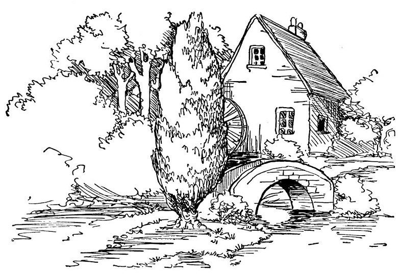 Coloriage d'un paysage rural avec des collines et un arbre majestueux