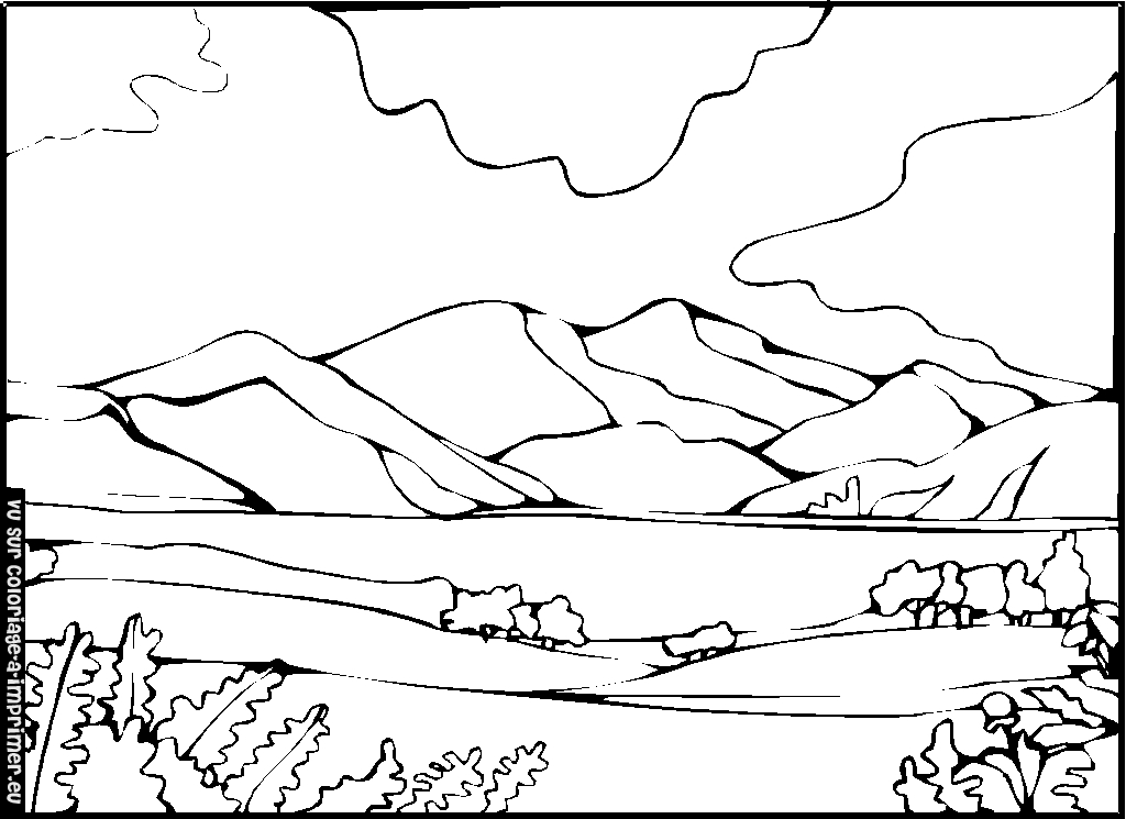 Coloriage d'un paysage naturel avec montagnes et arbre en premier plan Coloriage d'un paysage naturel avec montagnes et arbre en premier plan