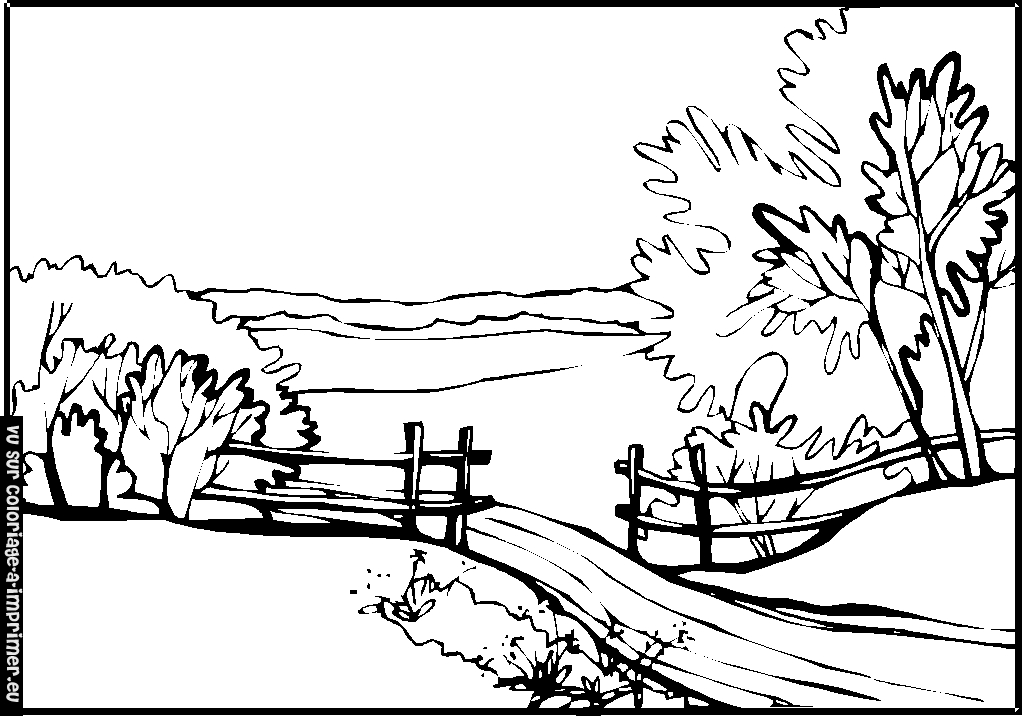 Coloriage d'un paysage naturel avec montagnes et arbres