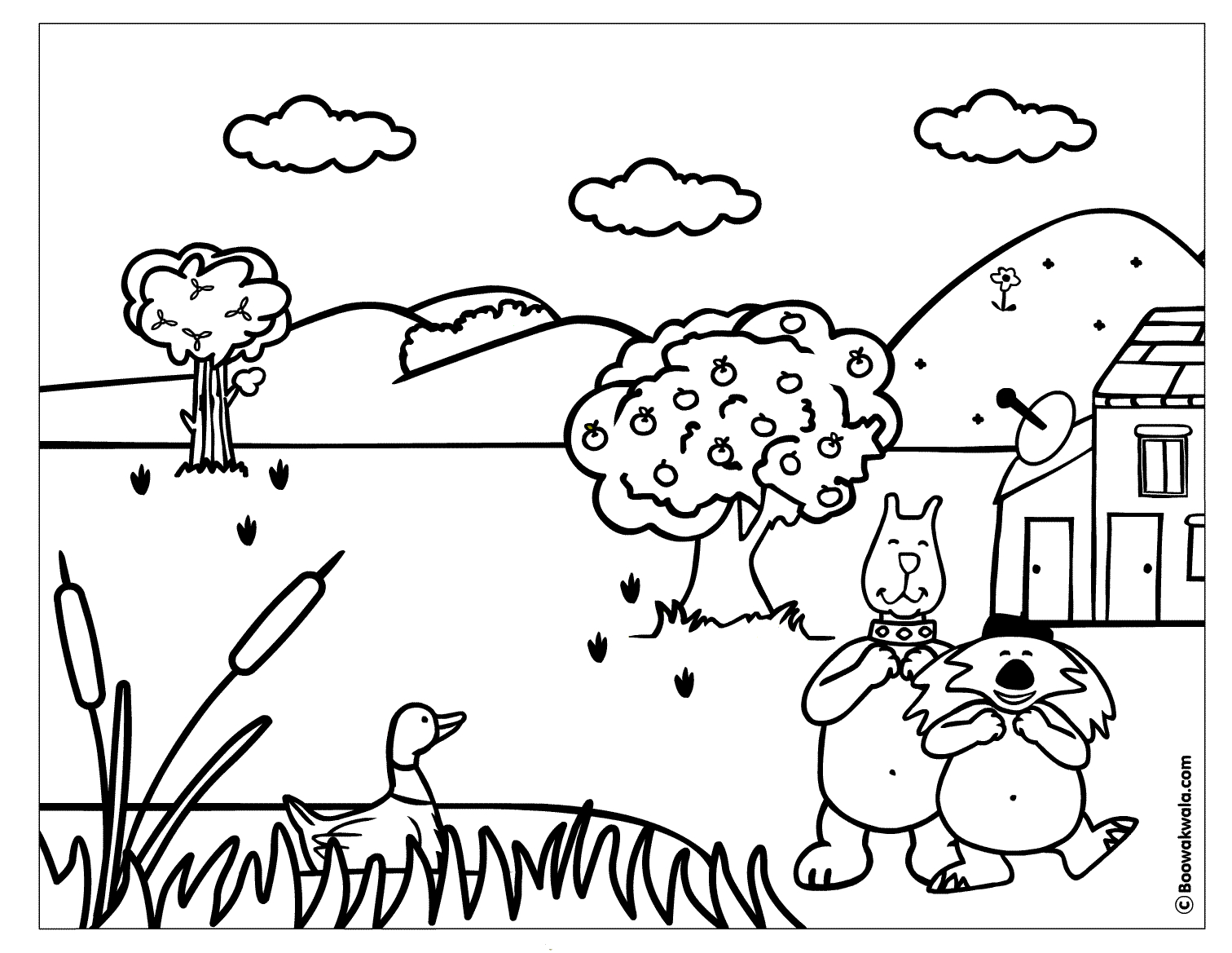 Coloriage d'un paysage de montagne avec un lac et des arbres
