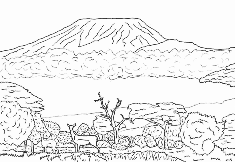 Coloriage d'un paysage naturel avec des collines et un arbre majestueux