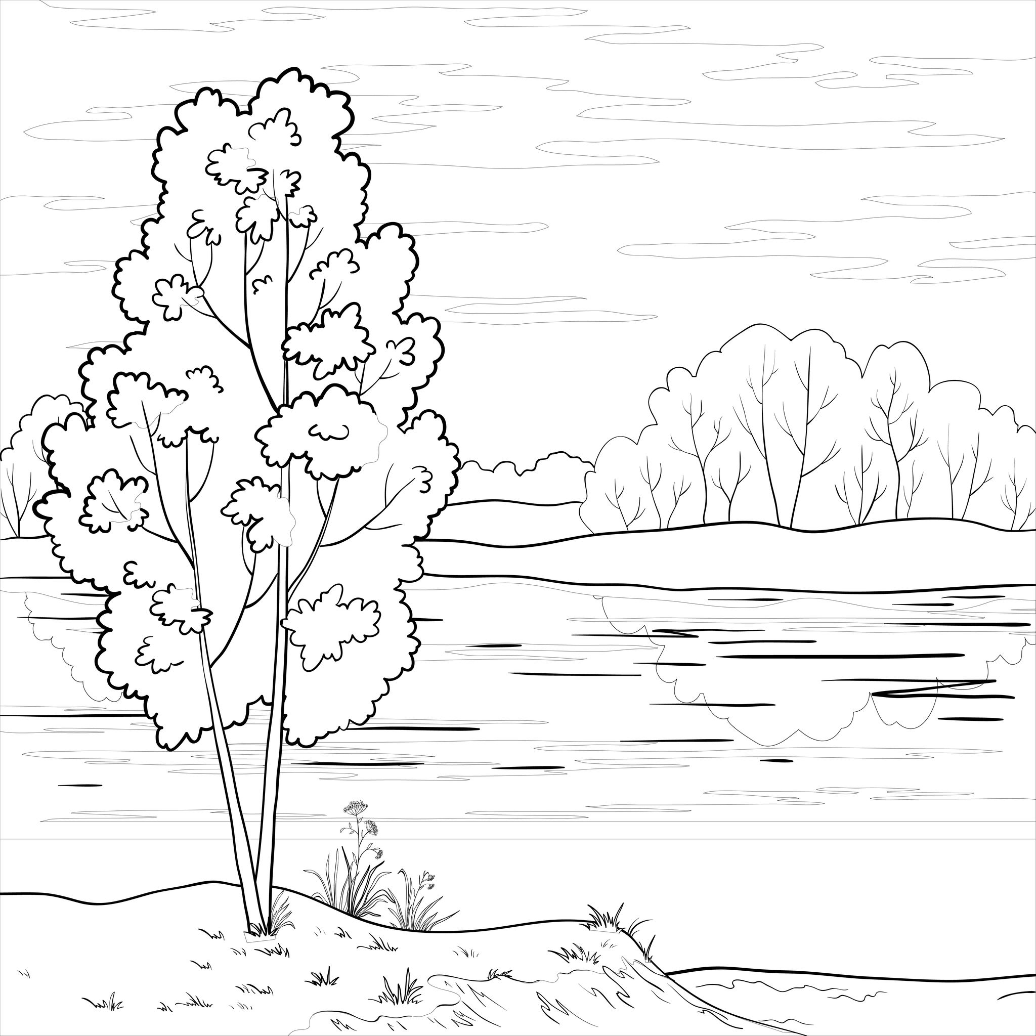 Coloriage d'un paysage naturel avec montagnes et arbres