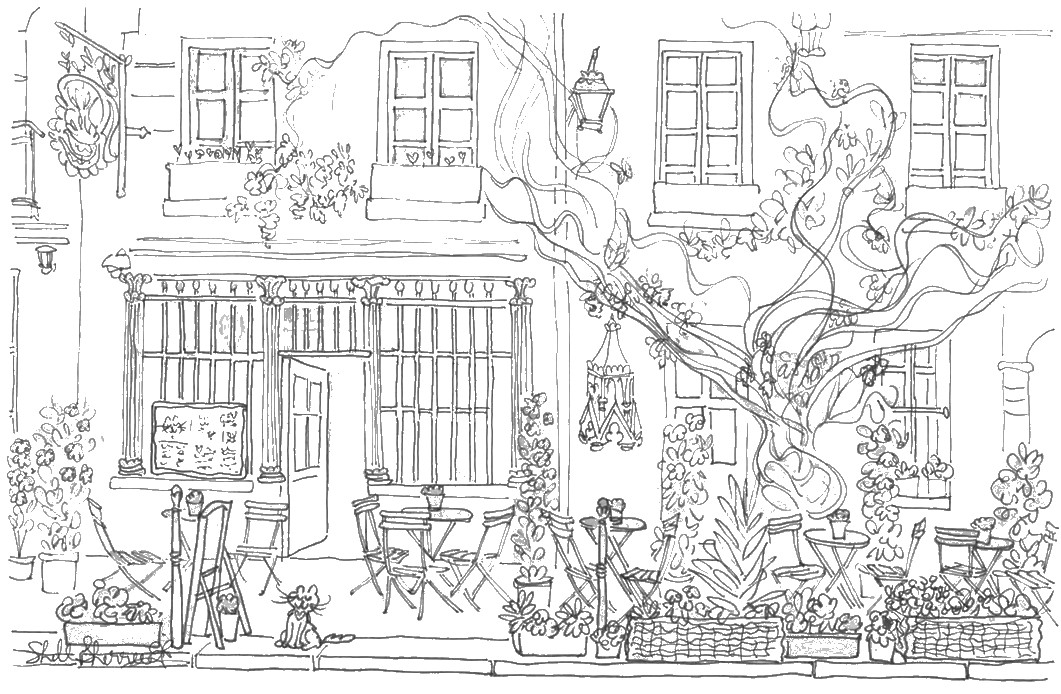 Coloriage d'un paysage naturel avec montagnes, arbres et un chemin sinueux