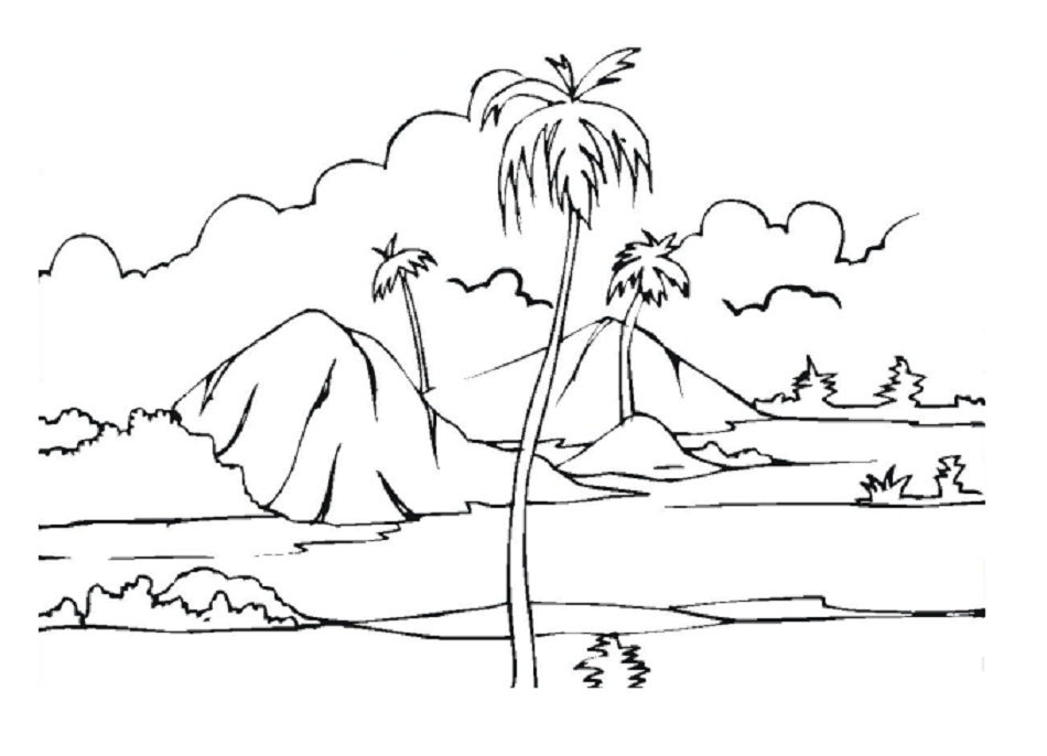 Coloriage d'un paysage naturel avec montagnes et nuages Coloriage d'un paysage naturel avec montagnes et nuages