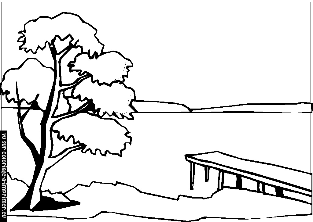 Coloriage d'un paysage naturel avec des collines et un arbre