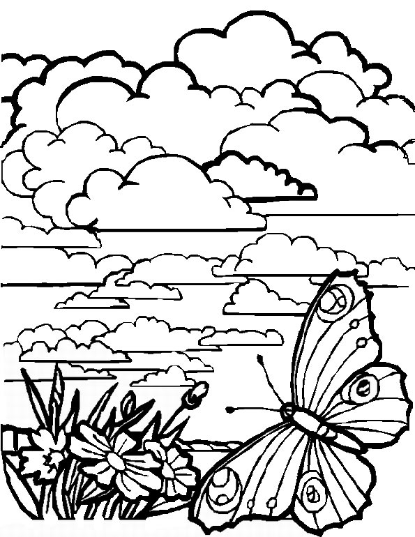 Coloriage d'un paysage naturel avec des montagnes, un lac et des arbres