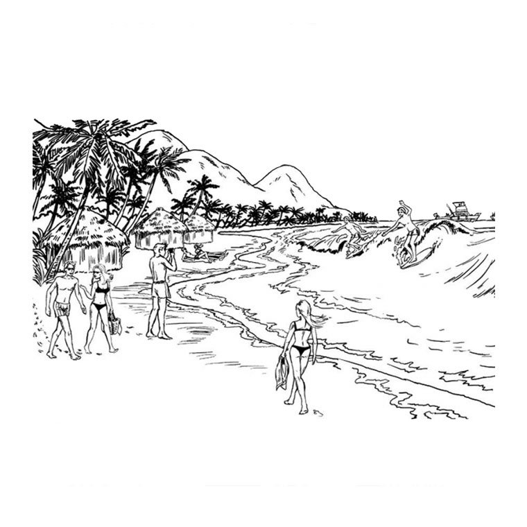 Coloriage d'un paysage naturel avec une rivière et des montagnes