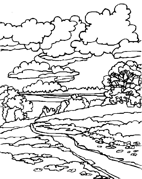 Coloriage d'un paysage avec des montagnes et un lac paisible