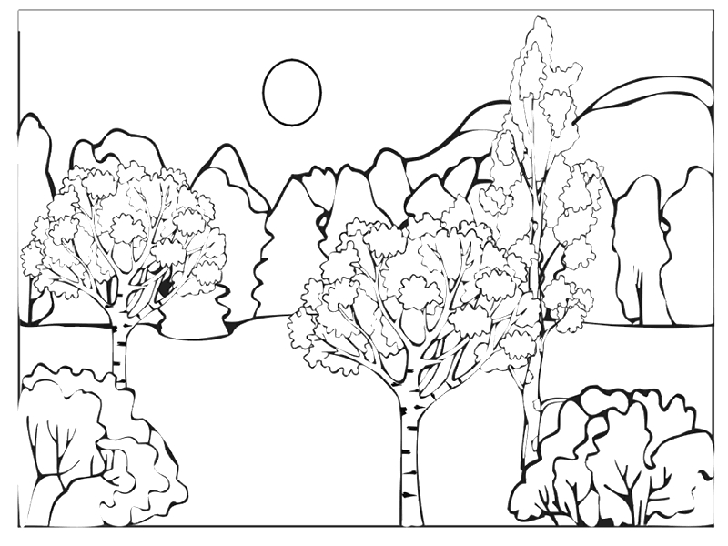Coloriage d'un paysage avec montagnes, arbres et un chemin sinueux