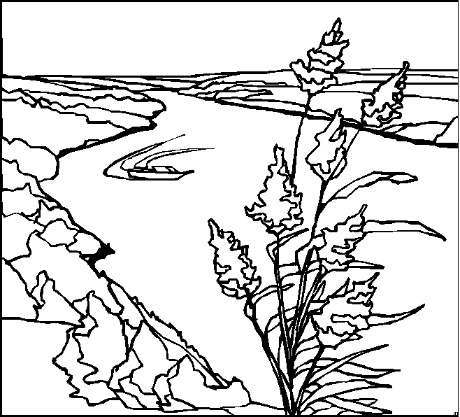 Coloriage d'un paysage naturel avec des montagnes et un lac