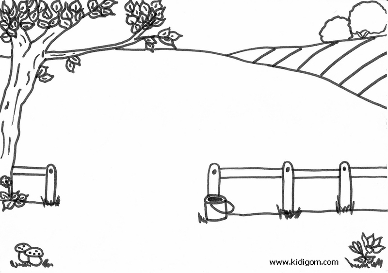 Coloriage d'un paysage naturel avec montagnes, arbres et un ruisseau