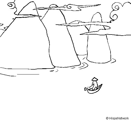 Coloriage d'un paysage naturel avec montagnes et arbre Coloriage d'un paysage naturel avec montagnes et arbre