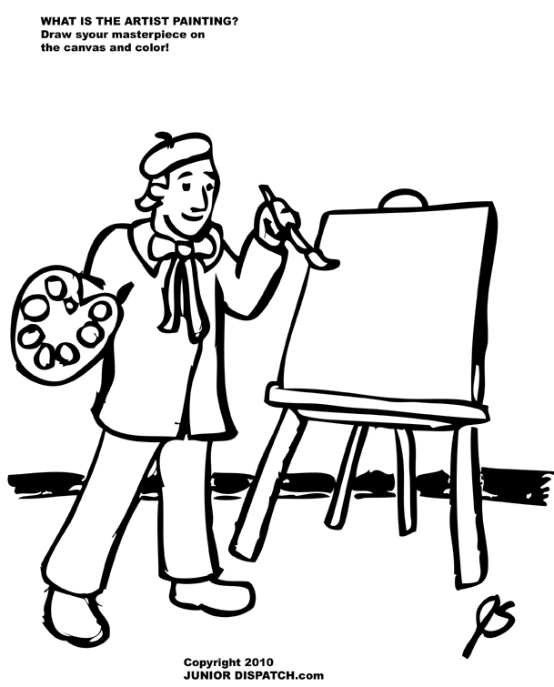 Un peintre concentré dans son atelier entouré de toiles colorées
