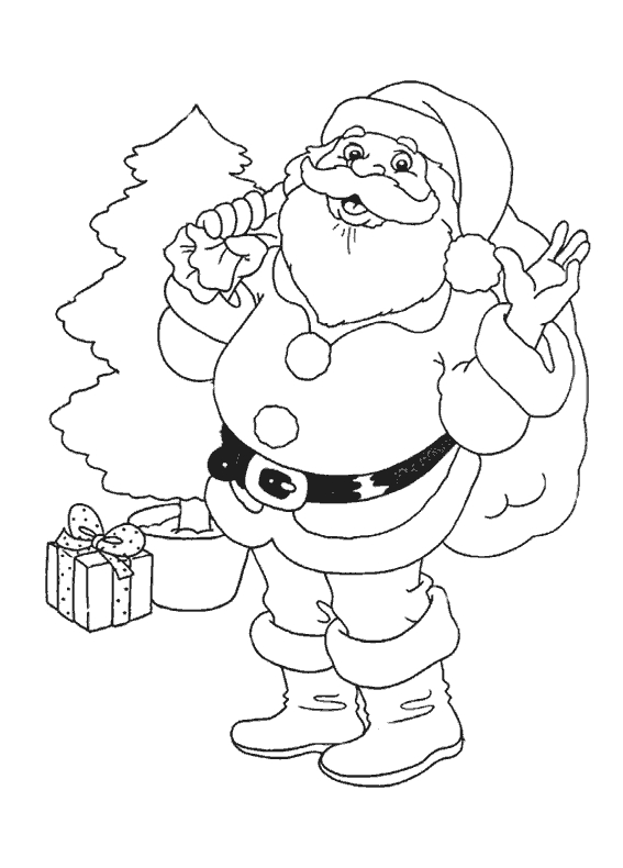 Coloriage d'un père Noël joyeux portant un grand sac de jouets