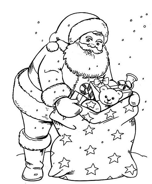 Coloriage du Père Noël avec un sac de jouets dans un décor hivernal