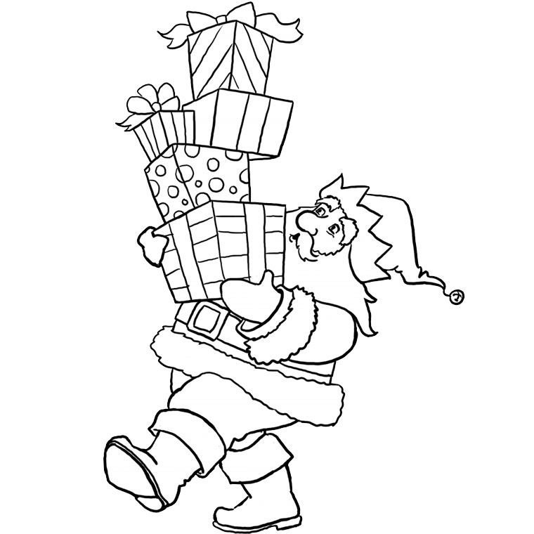 Coloriage du Père Noël avec un sac de cadeaux dans un décor hivernal