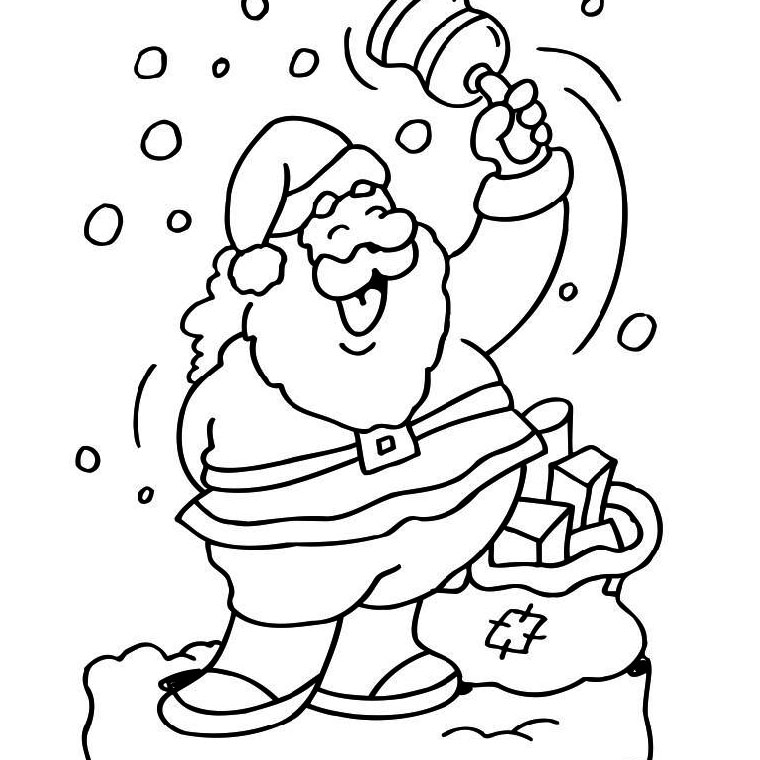 Coloriage d'un Père Noël joyeux tenant un cadeau dans un décor festif