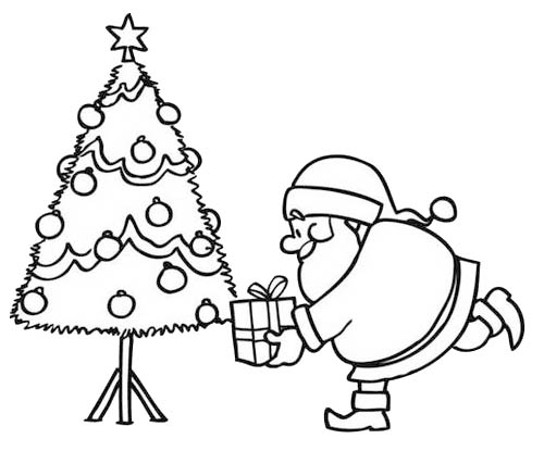 Coloriage du père Noël avec un grand sac de jouets dans un décor hivernal
