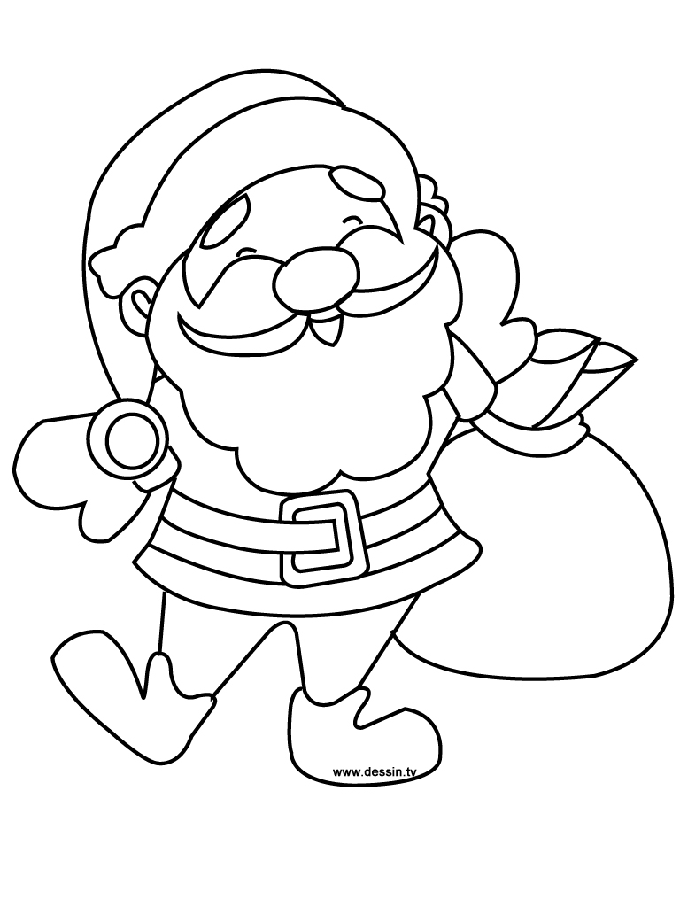 Coloriage de Père Noël portant un sac de cadeaux dans un décor hivernal