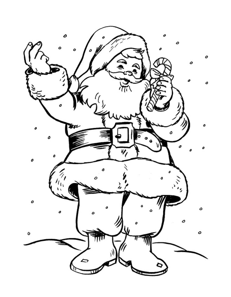 Coloriage du Père Noël portant un grand sac de cadeaux dans un décor hivernal