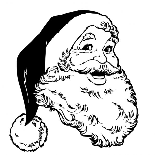 Coloriage d'un Père Noël joyeux portant des cadeaux dans un décor festif