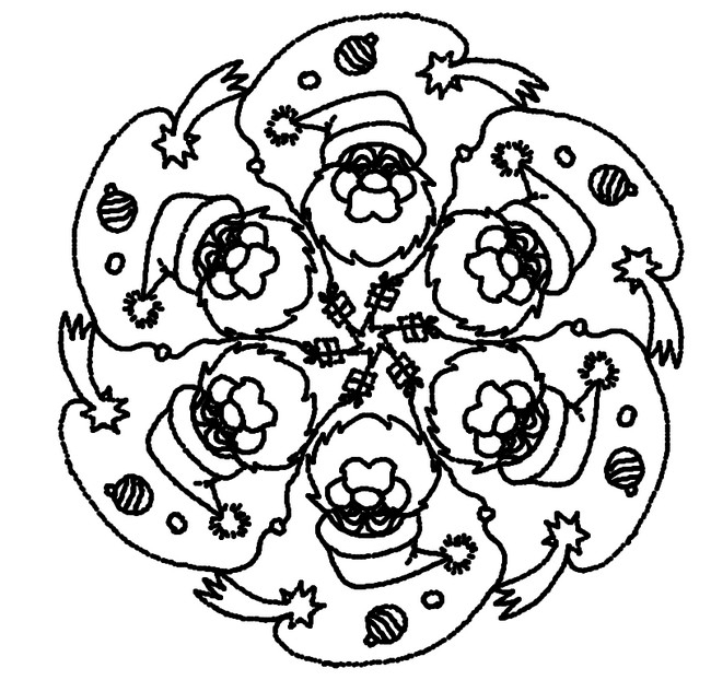 Coloriage du Père Noël avec des cadeaux dans un décor hivernal