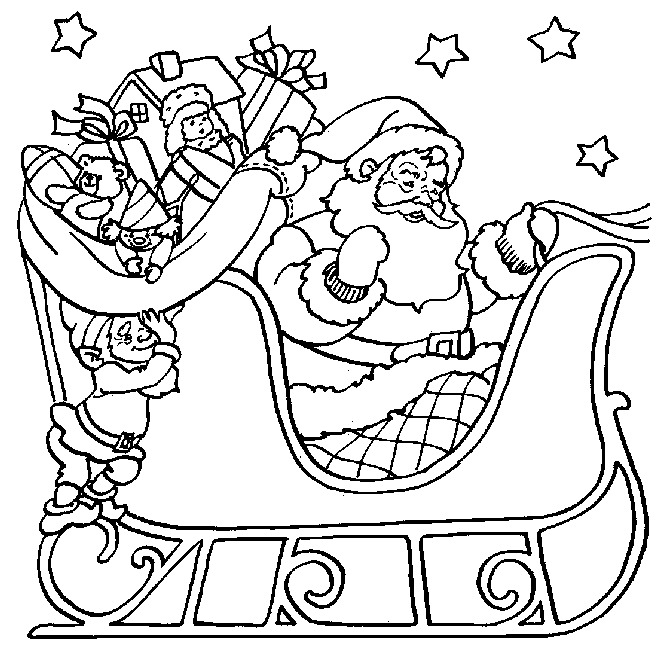 Coloriage du Père Noël en pleine distribution de cadeaux