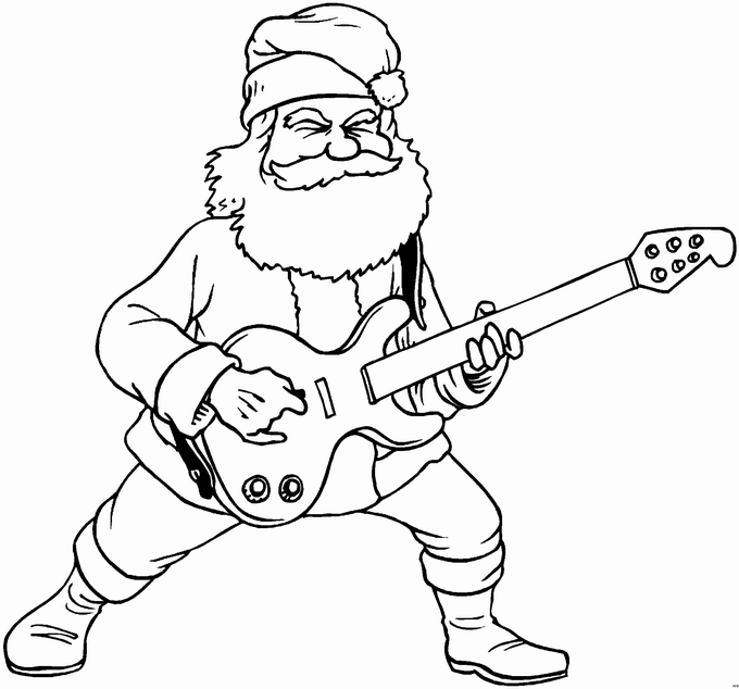 Coloriage d'un père Noël souriant avec des cadeaux autour de lui