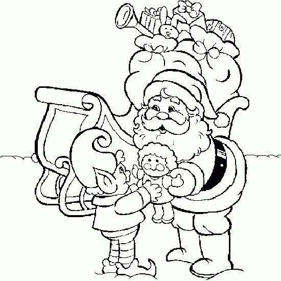 Coloriage du Père Noël avec un sac de jouets dans un décor hivernal