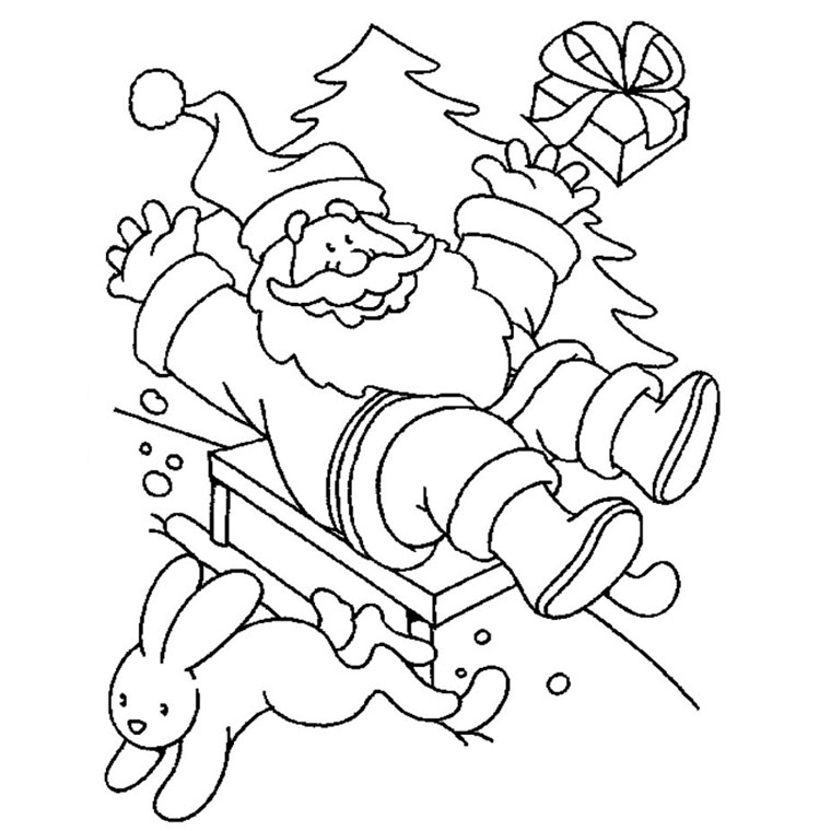 Coloriage d'un Père Noël joyeux avec des cadeaux dans un décor festif