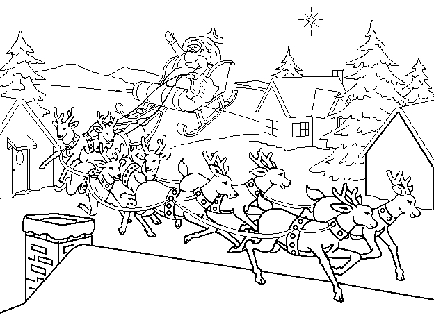 Coloriage de Noël : le Père Noël avec un sac de cadeaux dans un décor hivernal