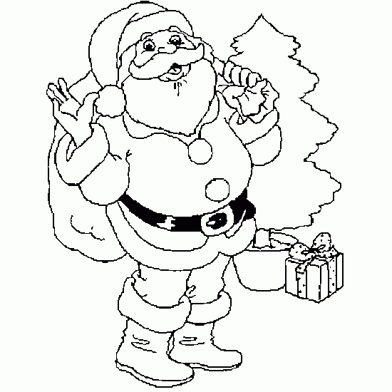 Coloriage de Père Noël avec un sac de cadeaux dans un décor festif