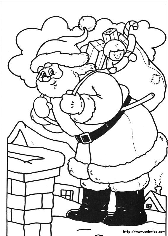 Coloriage du Père Noël avec un sac de jouets dans un paysage hivernal