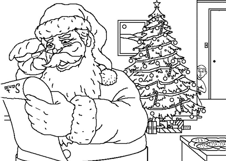 Coloriage du Père Noël avec son sac de cadeaux dans un décor hivernal