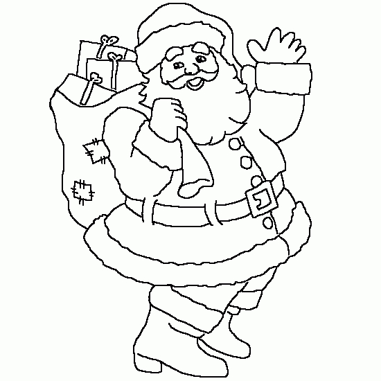 Coloriage d'un Père Noël souriant avec un sac rempli de cadeaux
