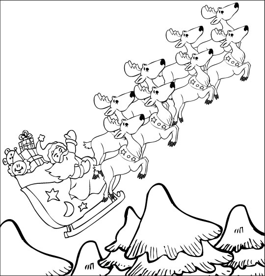 Coloriage de Père Noël avec son sac de cadeaux dans un paysage enneigé