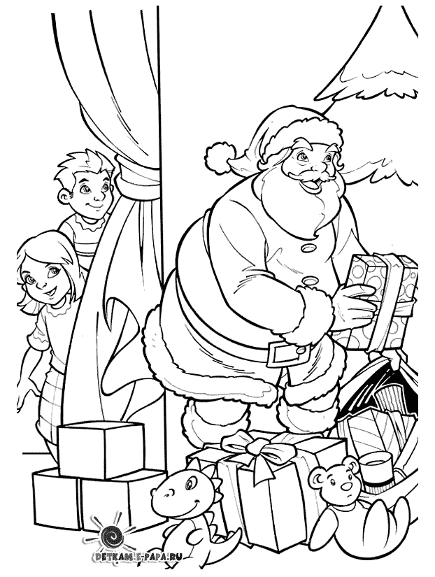 Un père Noël joyeux entouré de cadeaux et d'un sapin de Noël